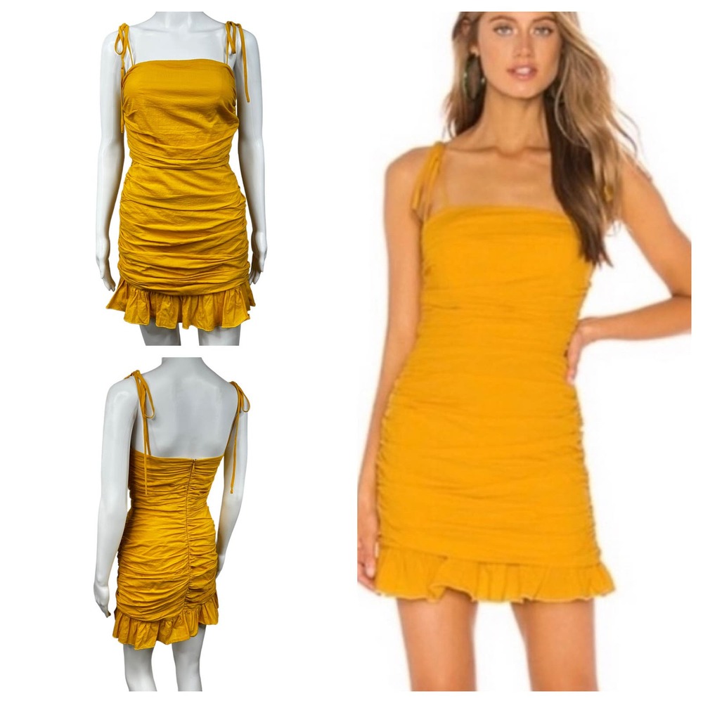 Lovers + Friends Revolve Yellow Ruched Mini Dress Size XS Square Neck Coquette